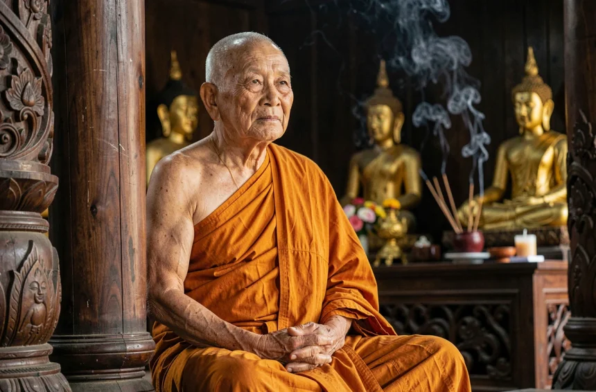 Ancien moine bouddhiste thaï Luang Por assis en méditation dans un temple en bois traditionnel avec des robes safran et des statues dorées en arrière-plan