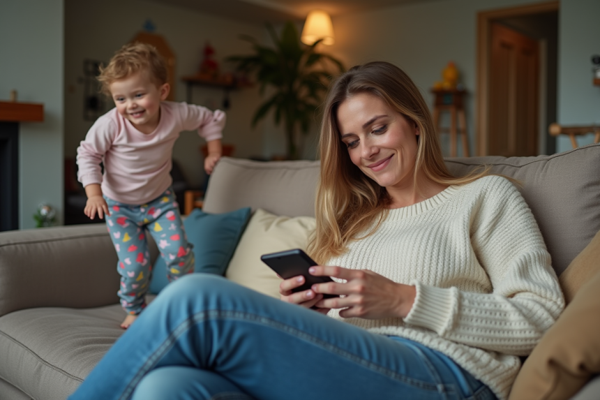Maman distraite sur le canapé avec son enfant qui joue