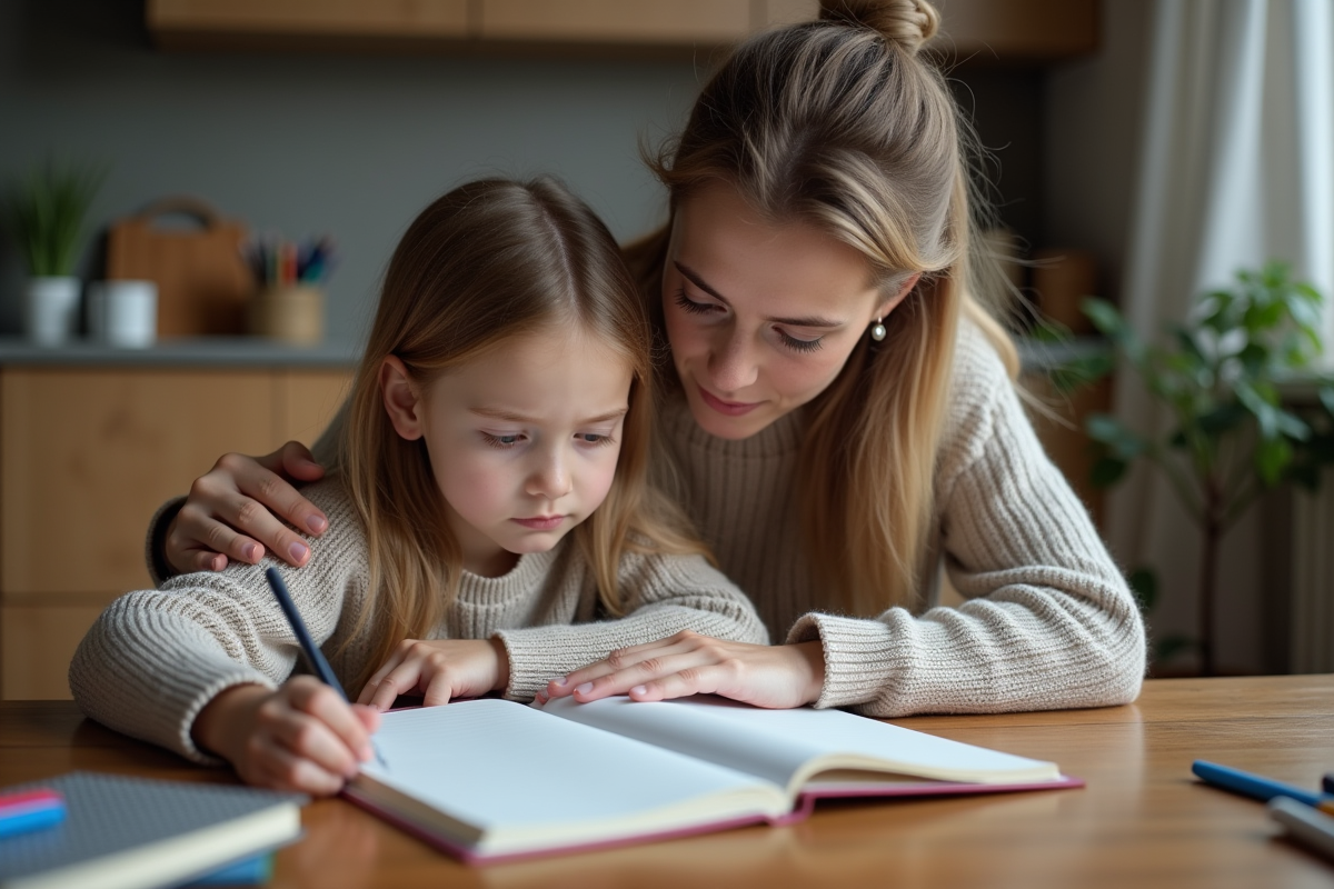 Mère et fille concentrées sur un devoir à la maison