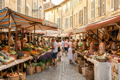 Marché animé en plein air à Aix-en-Provence avec étals colorés et pavés en pierre