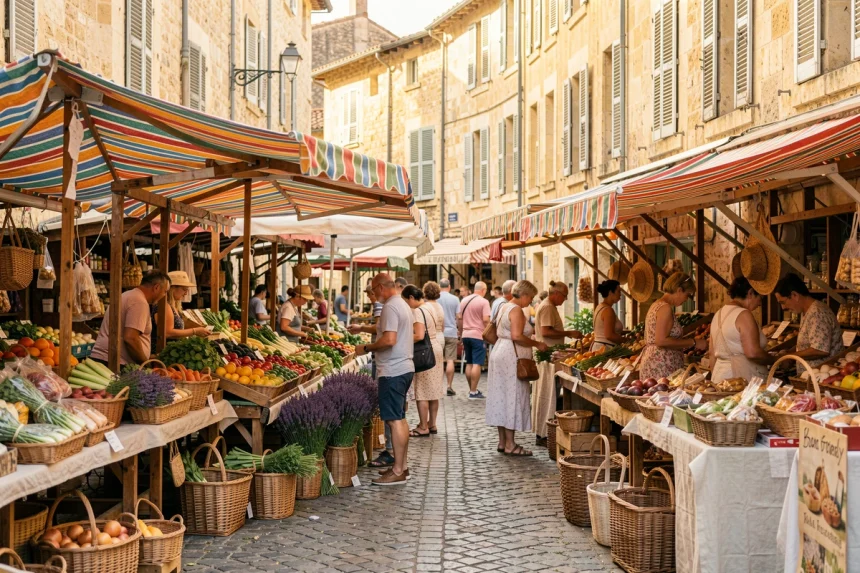 Marché animé en plein air à Aix-en-Provence avec étals colorés et pavés en pierre