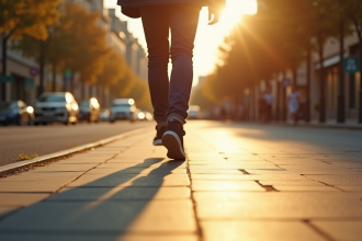 Personne marchant rapidement sur un trottoir ensoleille en ville