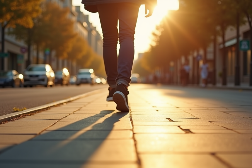 Personne marchant rapidement sur un trottoir ensoleille en ville