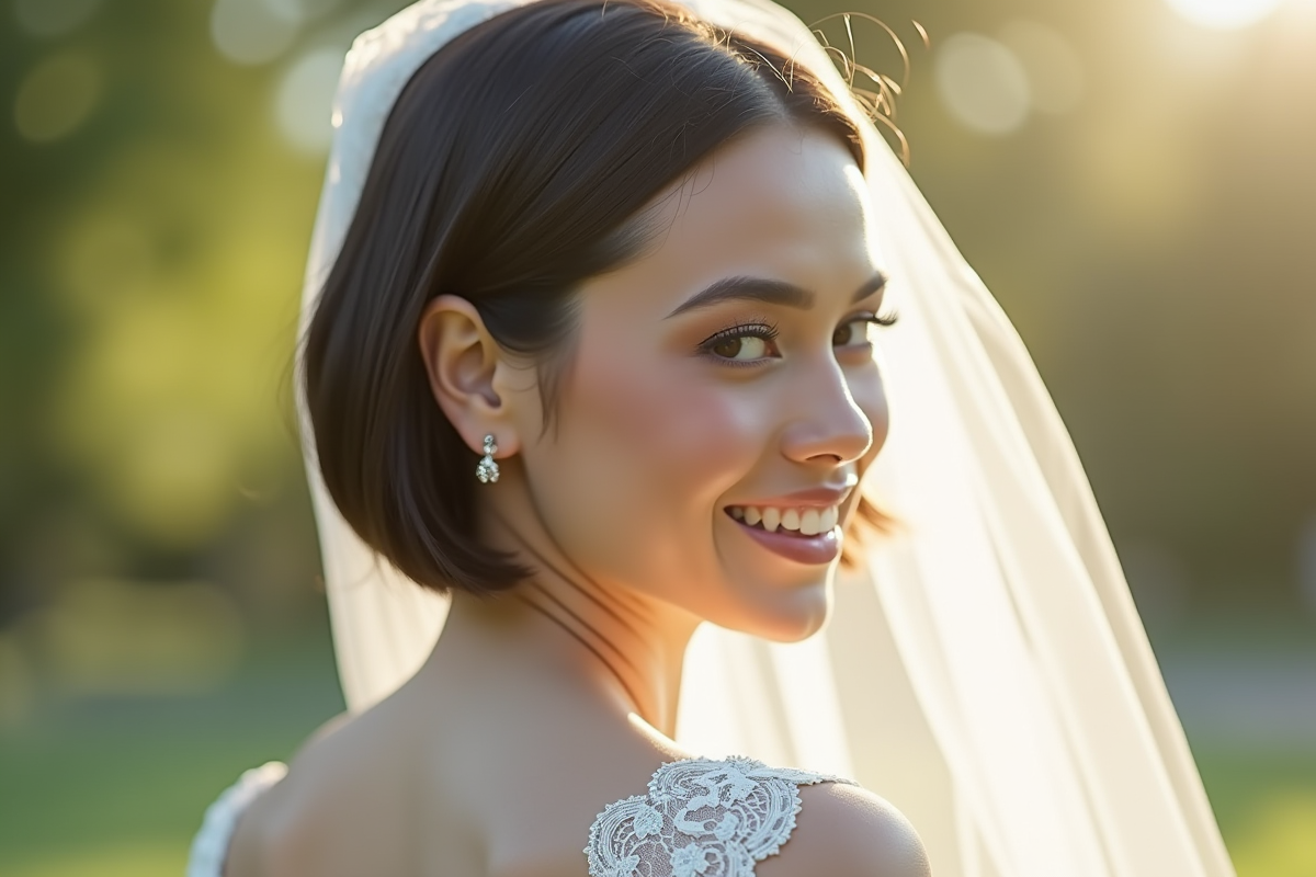 Mariée souriante en extérieur avec voile et robe en dentelle