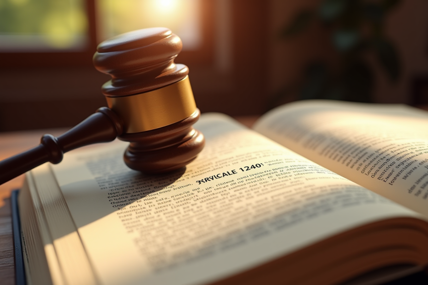 Marteau de justice en bois sur un livre de droit français