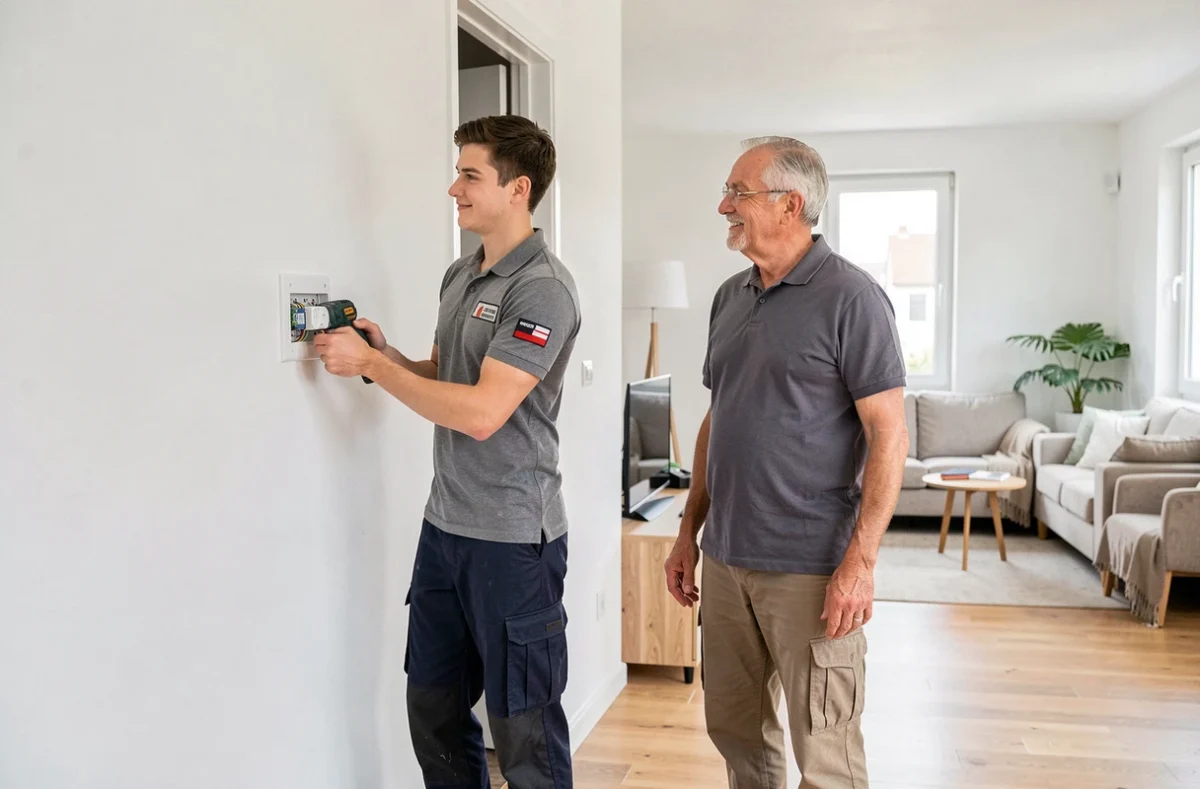 Électricien Masson Sebastien présentant une installation électrique terminée à un propriétaire dans un appartement rénové à Brest