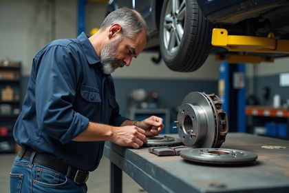 Mécanicien homme examinant disques de frein en atelier