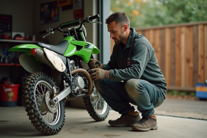 Homme en gear motocross vérifiant la chaîne d'une Kawasaki 125