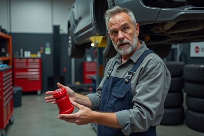 Mécanicien homme en atelier avec pièce suspension rouge