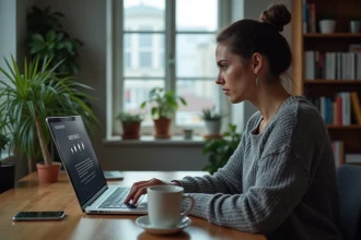 Femme méfiante regardant un site web suspect sur son ordinateur portable dans un bureau à domicile