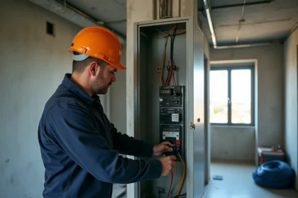 Un électricien professionnel travaillant sur un tableau électrique dans un immeuble résidentiel à Brest