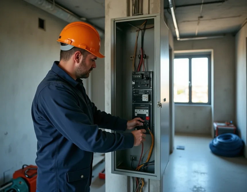 Un électricien professionnel travaillant sur un tableau électrique dans un immeuble résidentiel à Brest