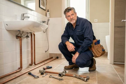 Plombier professionnel en uniforme bleu travaillant dans une salle de bain moderne dans les Deux-Sèvres