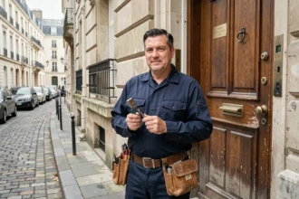 Serrurier professionnel en uniforme devant un immeuble résidentiel de Seine-Saint-Denis, prêt à intervenir en urgence