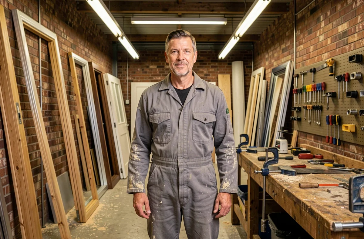 Artisan de la Menuiserie Serrurerie du Bourget dans son atelier professionnel entouré de portes et d'équipements