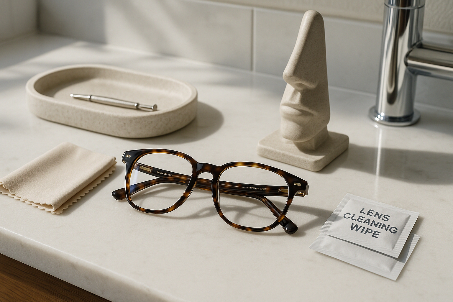 Counter moderne avec lunettes de designer et accessoires