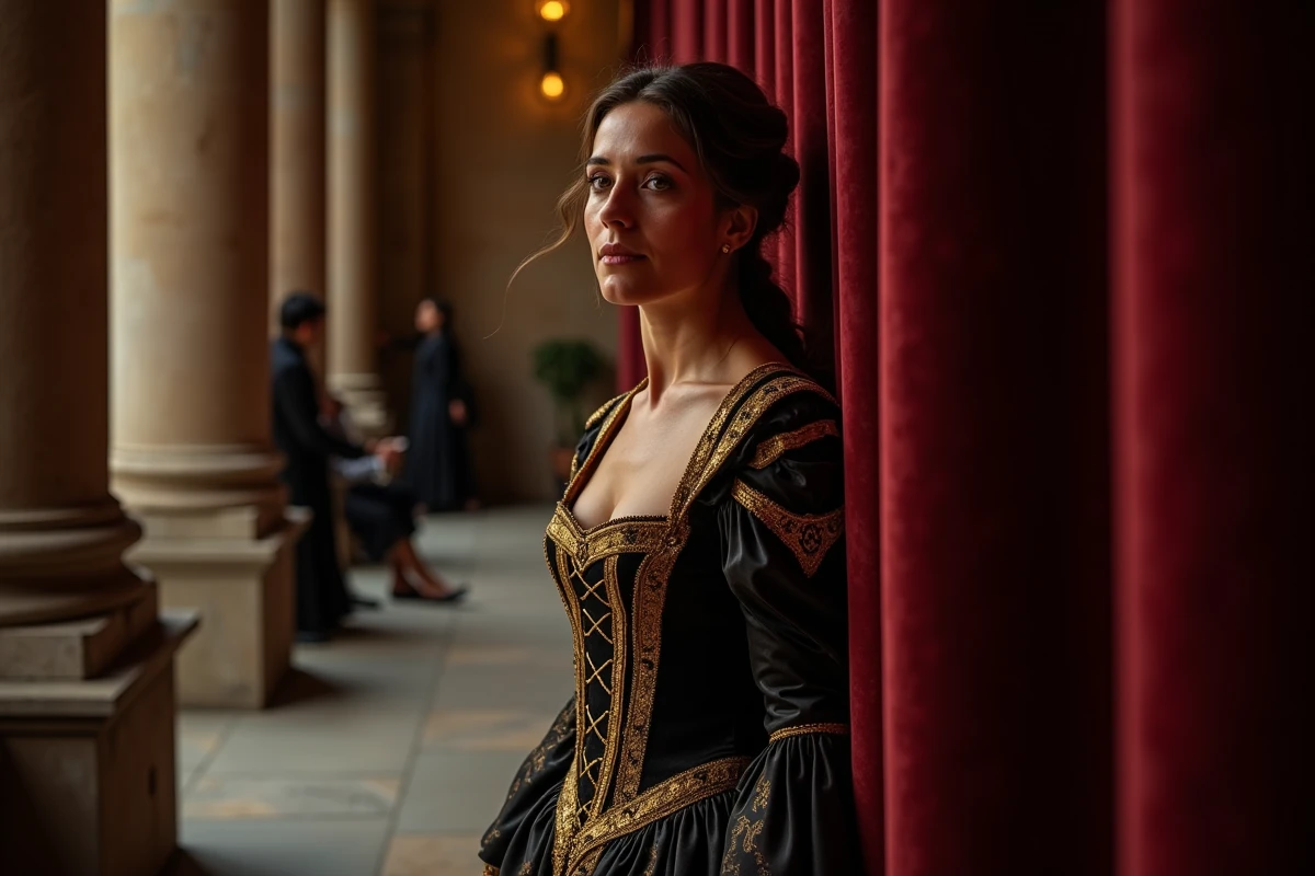 Mezzo-soprano en costume de scène doré dans les coulisses d'un opéra historique