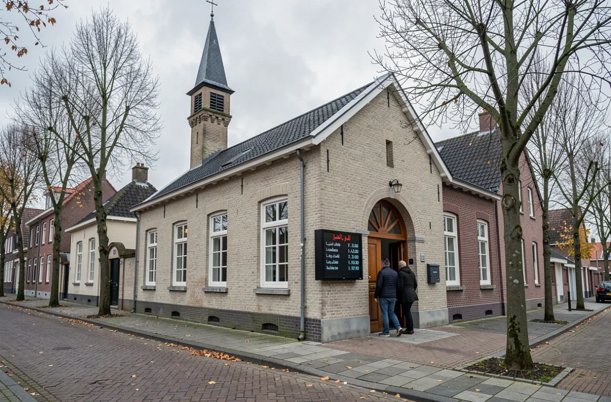 Façade d'une mosquée dans un quartier résidentiel de Mons-en-Barœul avec tableau d'affichage des horaires de prière en français et en arabe