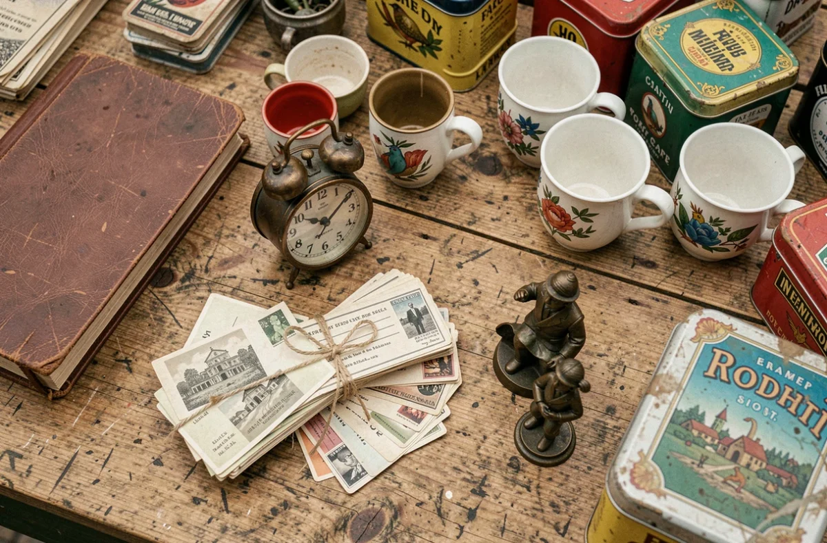 Table de vide-greniers couverte d'objets vintage et d'antiquités dépareillées lors d'un brocante dans le Nord