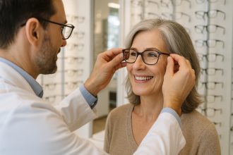 Opticien ajustant des lunettes sur une femme souriante dans une boutique moderne