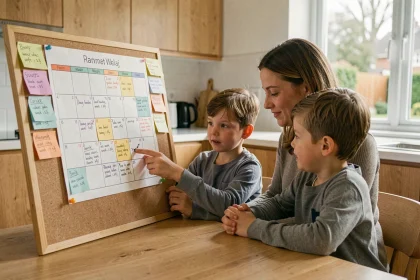 Mère et enfants organisant un calendrier de garde alternée avec des semaines paires et impaires dans une cuisine moderne