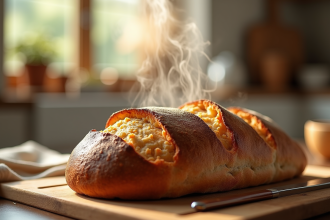 Pain rustique doré sur planche en bois avec lumière naturelle