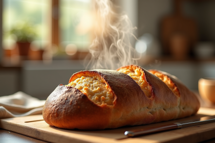 Pain rustique doré sur planche en bois avec lumière naturelle