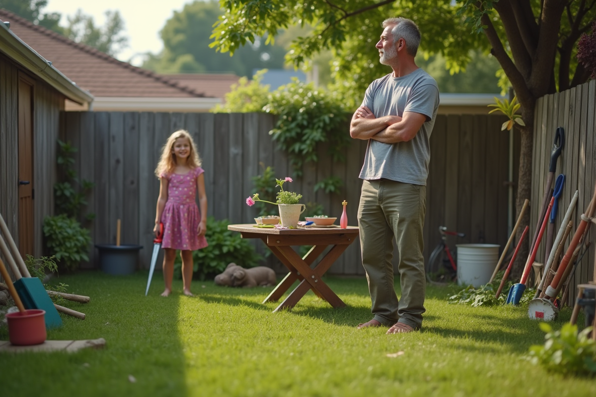 Père regardant sa fille jouer dans le jardin