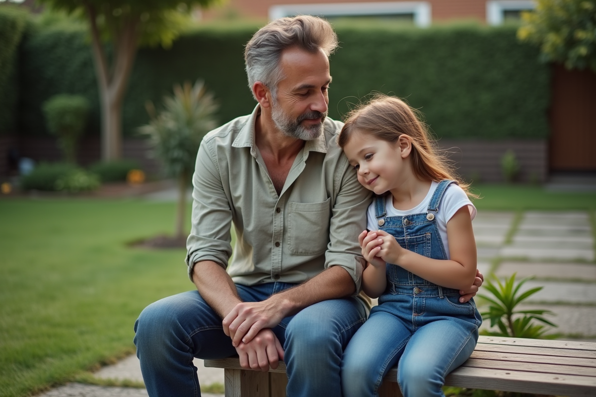 Père et fille dans le jardin en moment de complicite