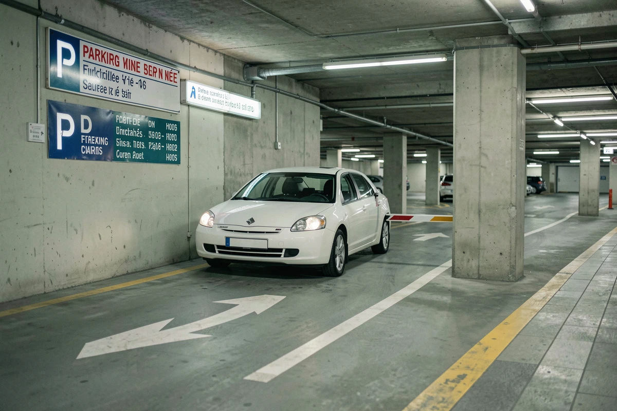 Entrée d'un parking souterrain au centre-ville d'Aix-en-Provence avec barrière et signalétique