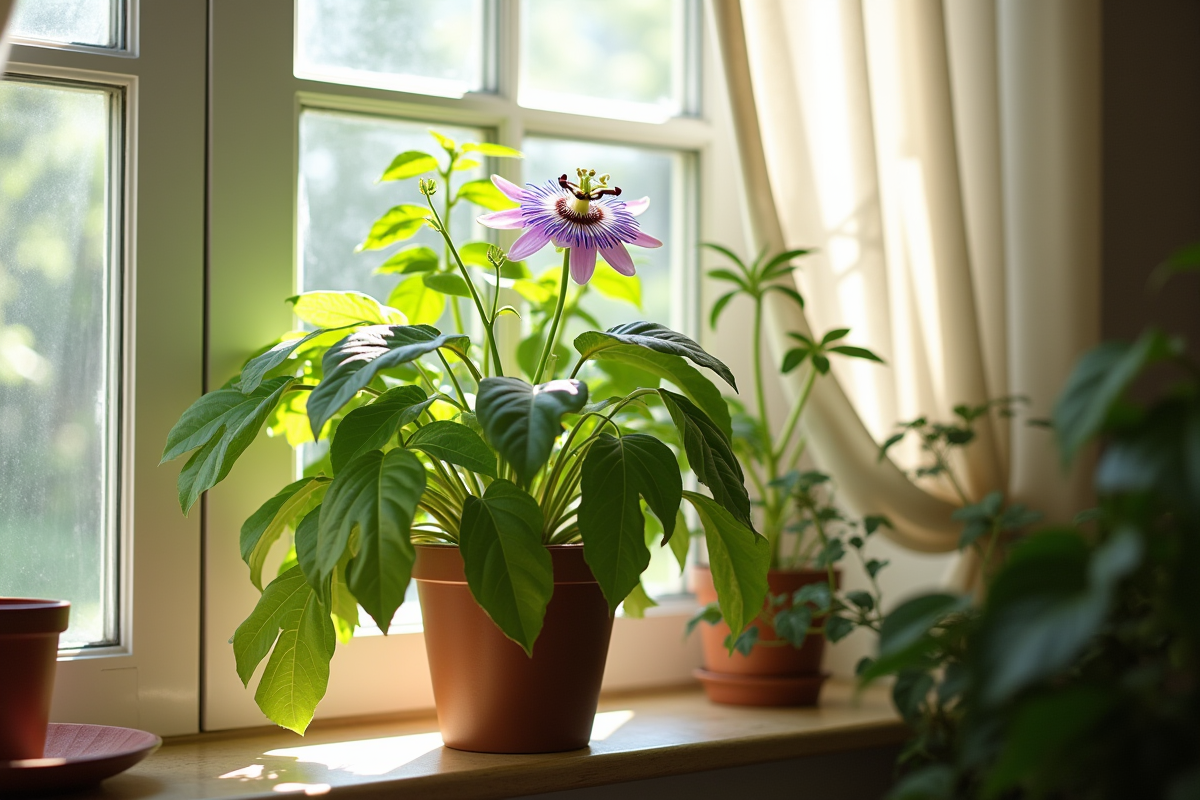Passiflore en pleine croissance avec fleur violette sur une fenêtre