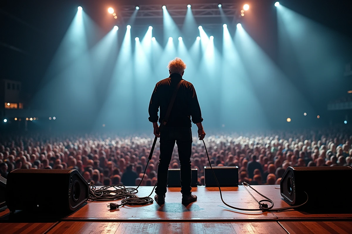 Guitariste iconique en coulisse de scène lors d'un grand concert rock, illustrant l'héritage scénique de Pat Smear au sein de Nirvana et des Foo Fighters