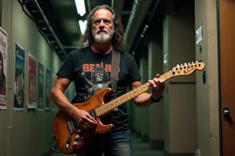 Guitariste vétéran de rock tenant une guitare électrique usée en coulisses, évoquant l'univers musical de Pat Smear et Nirvana