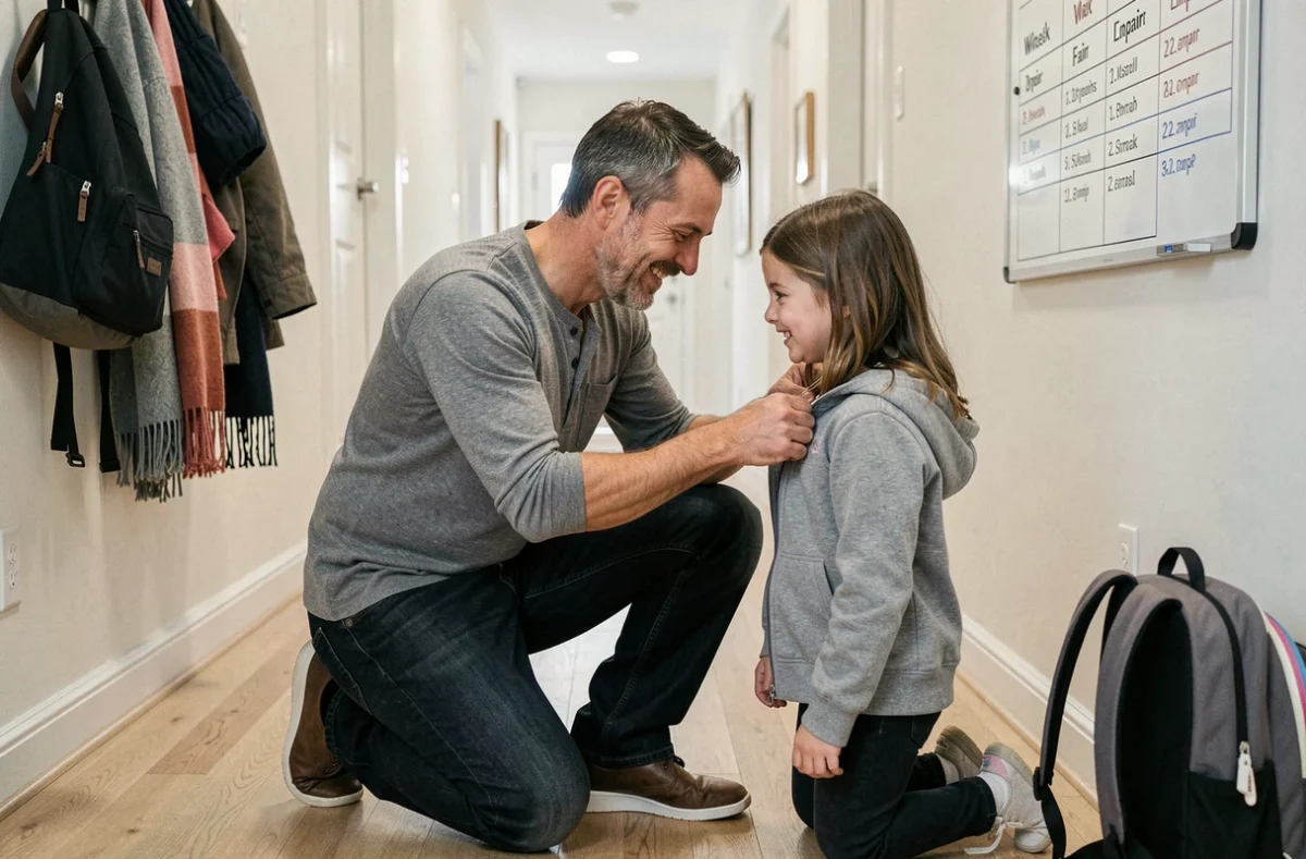Père aidant sa fille à se préparer pour l'école pendant une semaine de garde alternée dans un couloir familial
