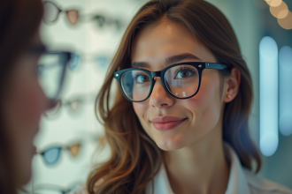 Personne essayant des lunettes dans un magasin lumineux