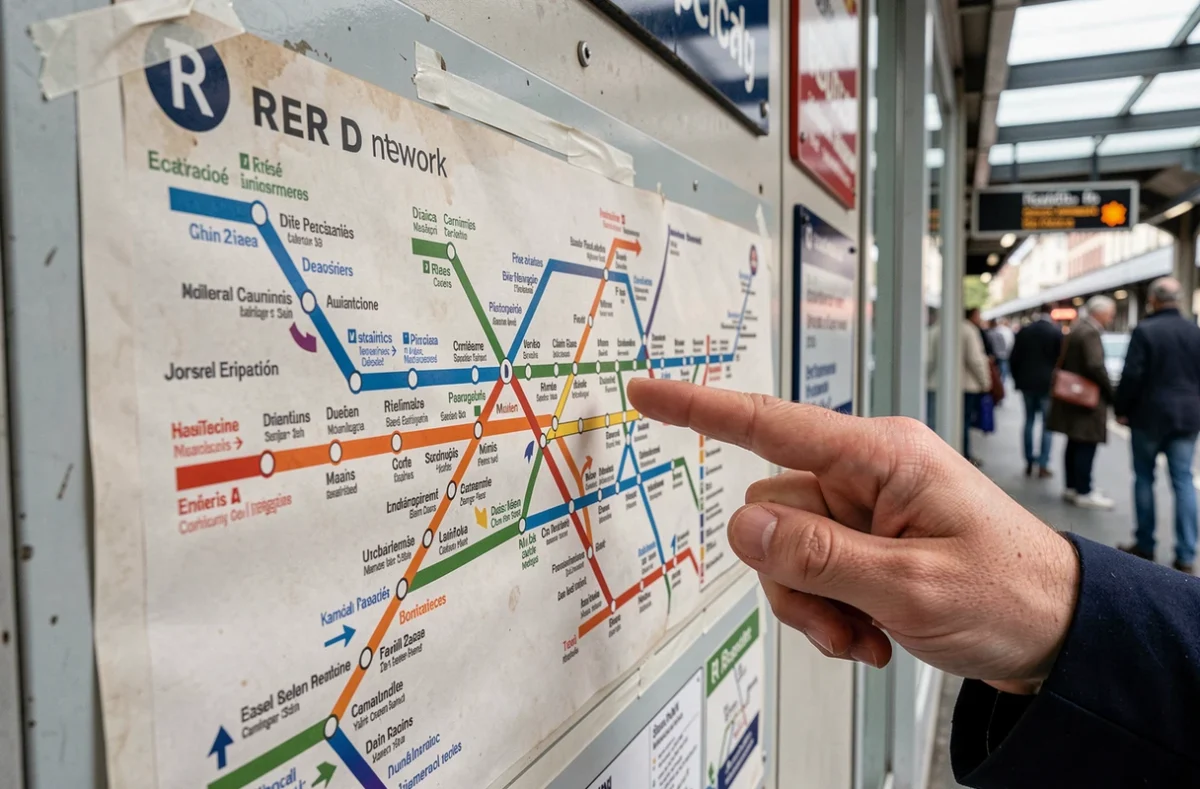 Plan officiel du RER D affiché en gare avec une main pointant un arrêt