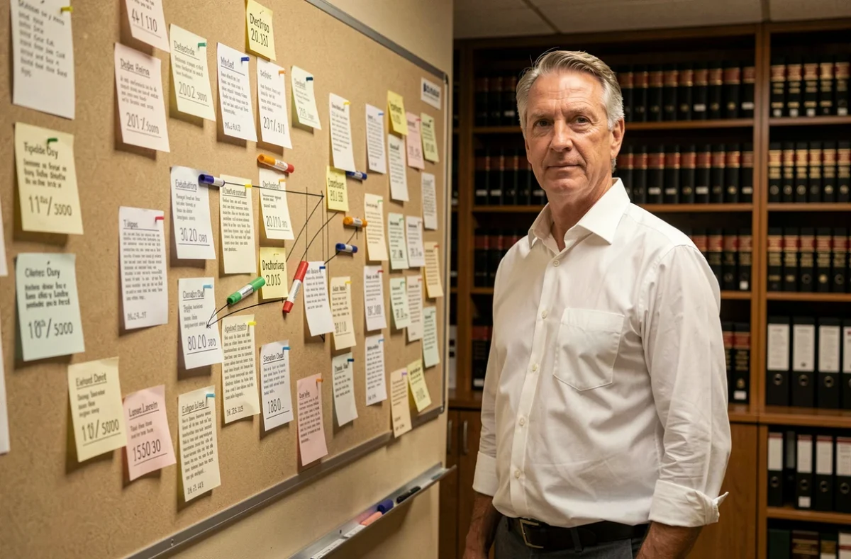 Avocat consultant un planning mural de délais légaux avec décompte de jours dans un cabinet juridique