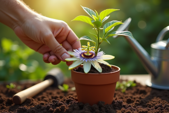 Main plantant une passiflore dans un pot en terre cuite