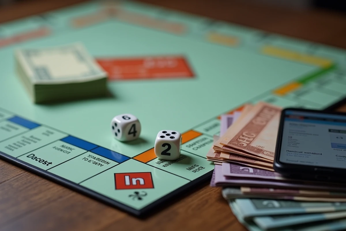 Gros plan sur un plateau de Monopoly avec des dés et des billets, lien de dés gratuits visible sur téléphone