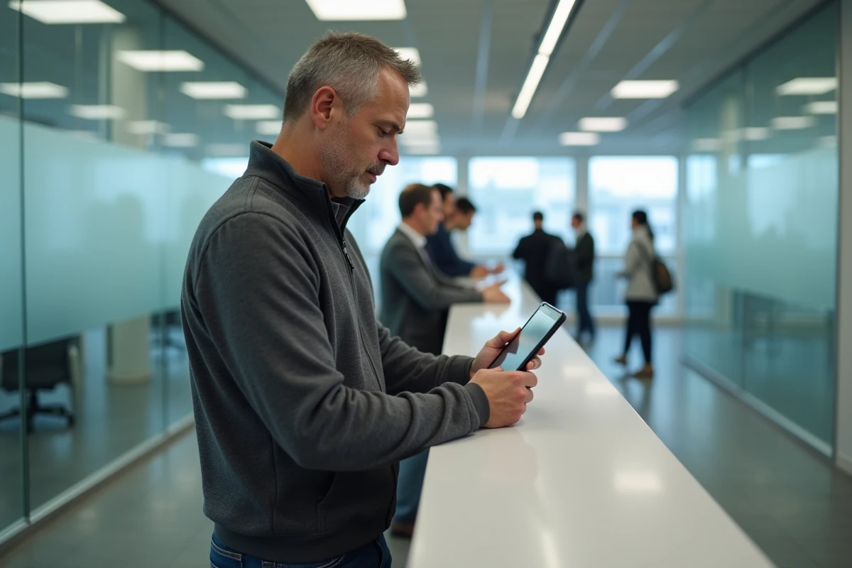 Homme utilisant une tablette pour accéder au portail ANTS dans un espace administratif public