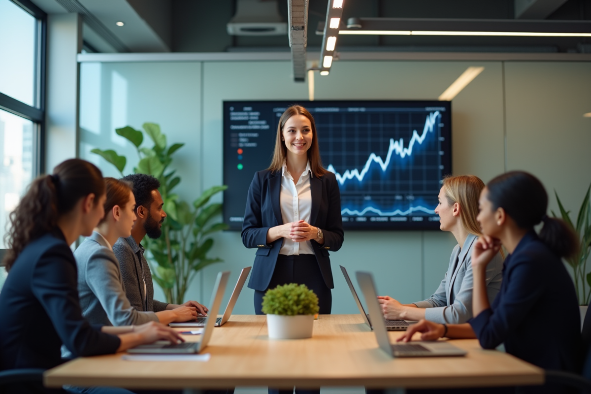 Jeune femme présentant un graphique économique lors d