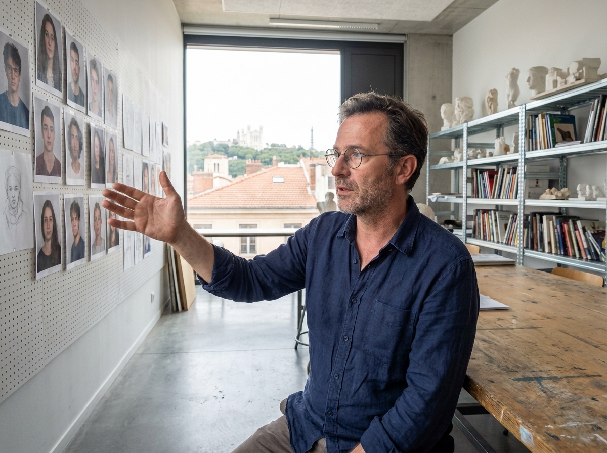Professeur d'arts critiquant des photographies d'étudiants dans une école d'art moderne de Lyon avec vue sur la basilique de Fourvière