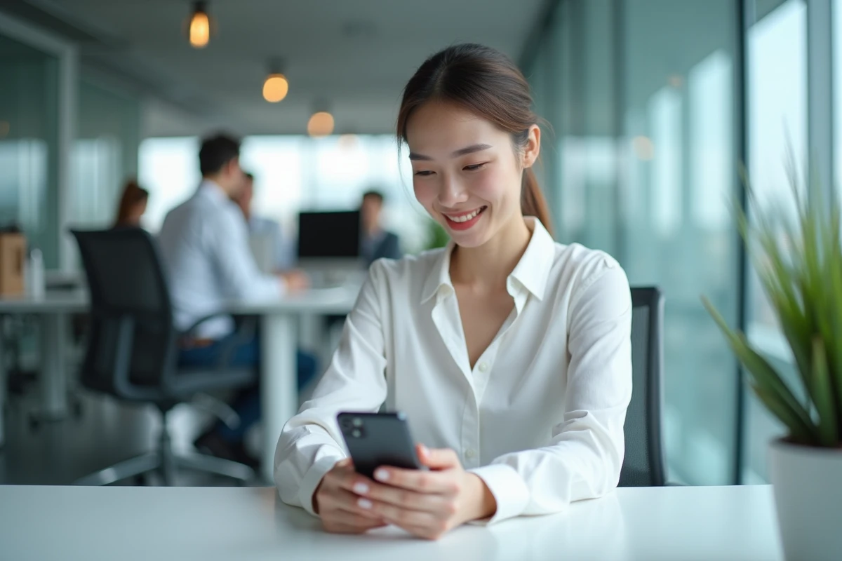 Jeune professionnelle optimisant son compte et ses favoris sur une application de scan dans un bureau moderne