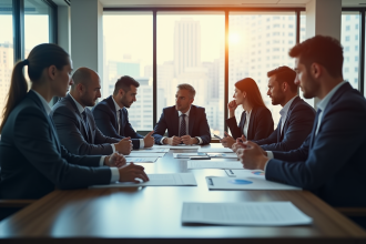 Groupe de professionnels inquiets autour d'une table de réunion