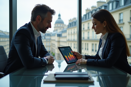 Homme et femme d'affaires regardant une tablette à Paris