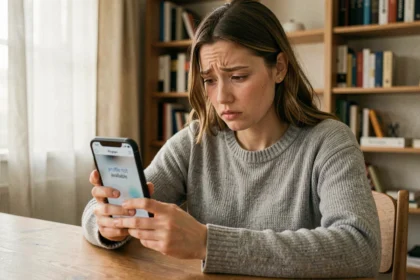 Jeune femme inquiète regardant son smartphone affichant un profil Instagram indisponible depuis plusieurs jours