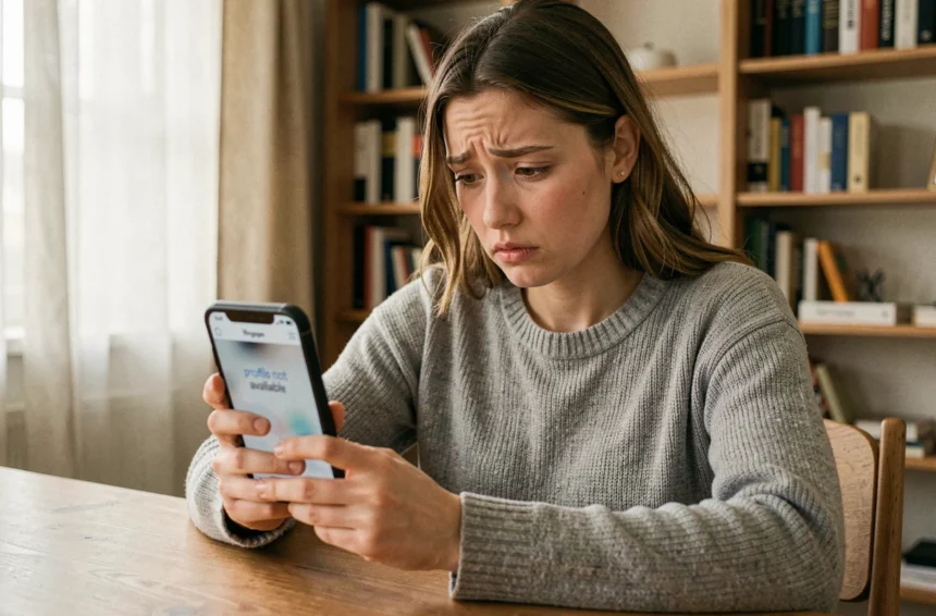 Jeune femme inquiète regardant son smartphone affichant un profil Instagram indisponible depuis plusieurs jours