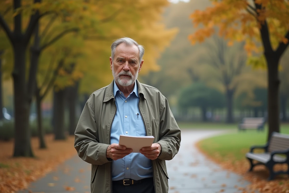 Homme mature se promenant dans un parc en automne