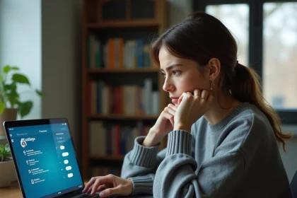 Jeune femme regardant les paramètres de confidentialité sur son ordinateur portable pour protéger ses données personnelles en ligne