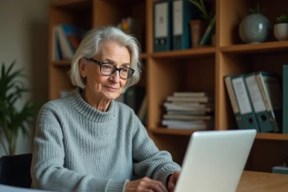 Femme cherchant un numéro de téléphone sur un annuaire inversé en ligne depuis son bureau à domicile